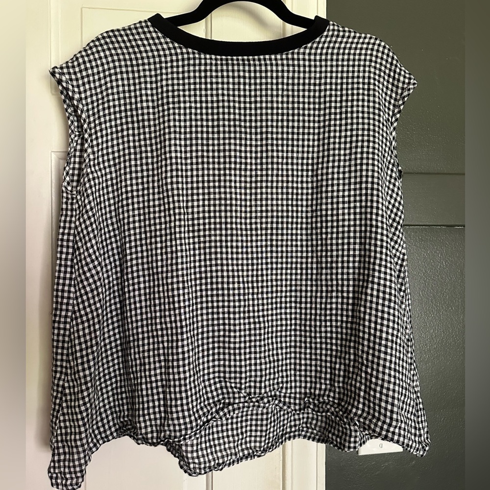 Fog Linen Work Gingham Cap Sleeve Blouse Top Boxy Relaxed Natural Farmhouse Chic